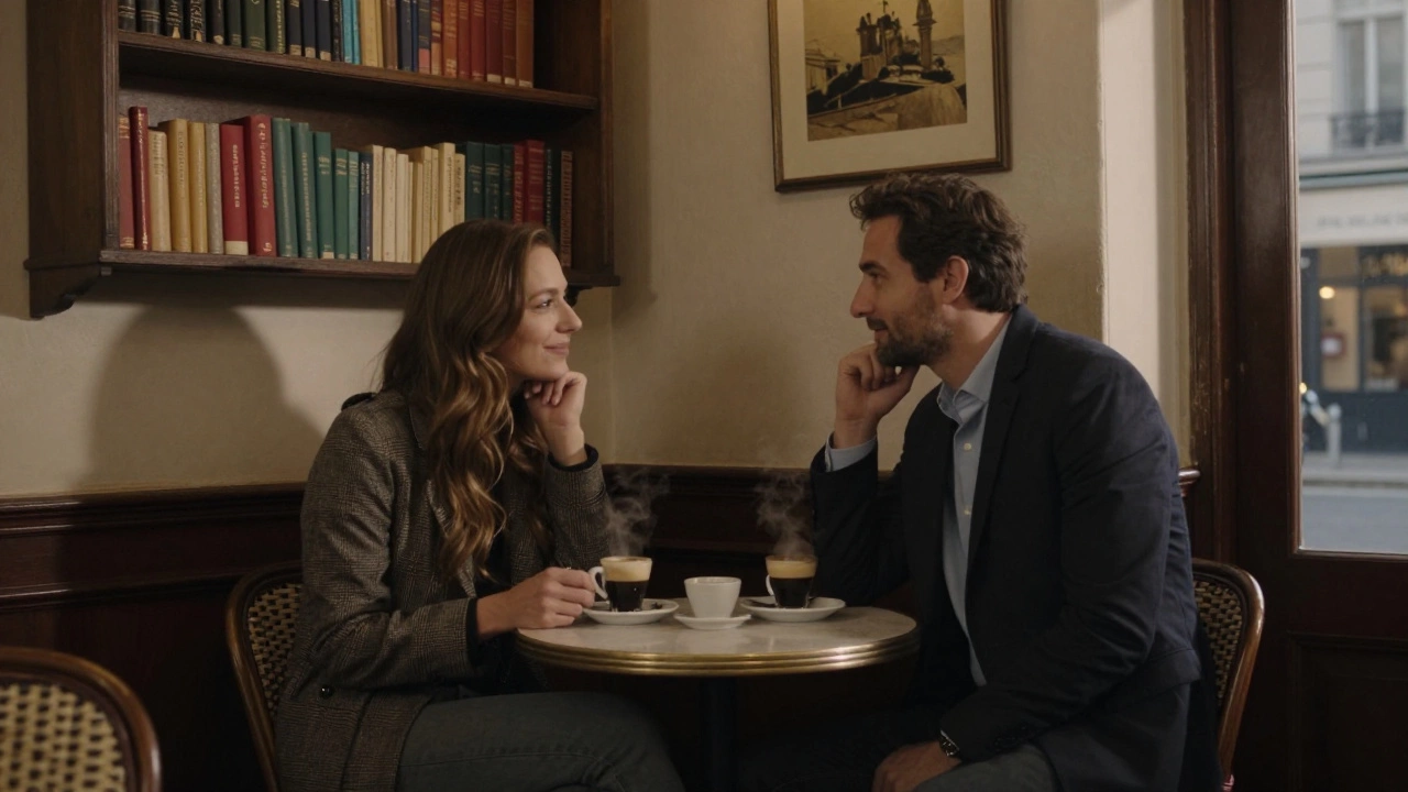 Couple sharing a quiet moment in a cozy Paris café at dusk with espresso and bookshelves.