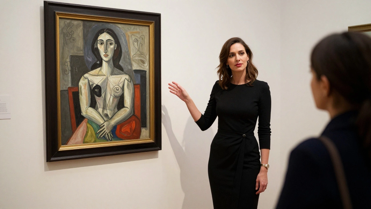 Woman in black dress guiding a client through an art gallery, pointing to a Picasso sketch.